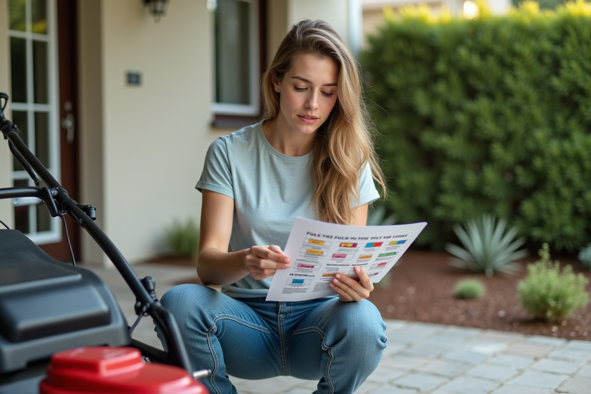 Jeune femme vérifiant un tableau de carburants près de la tondeuse