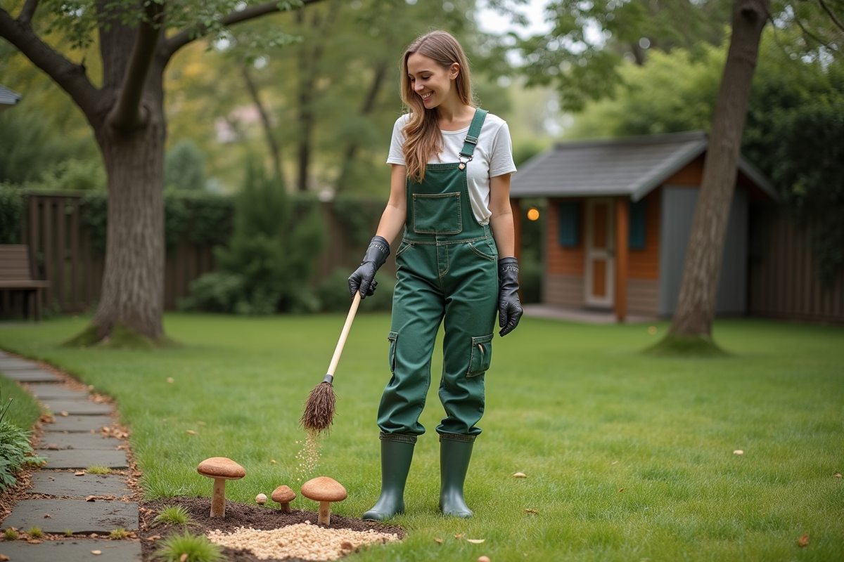 Jeune femme en tenue de jardinage épandant des granules bio