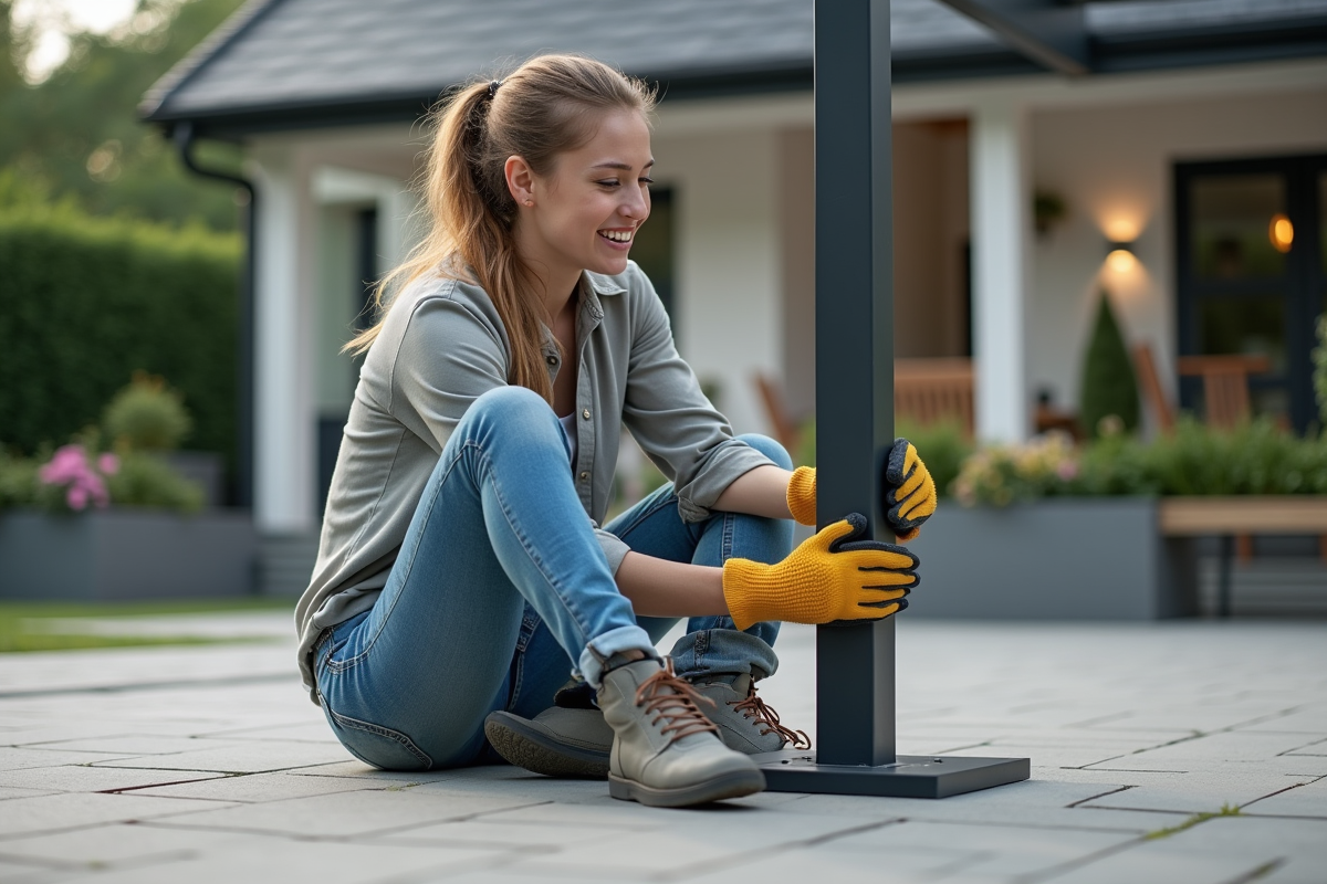 Femme en jeans fixant une pergola sur terrasse