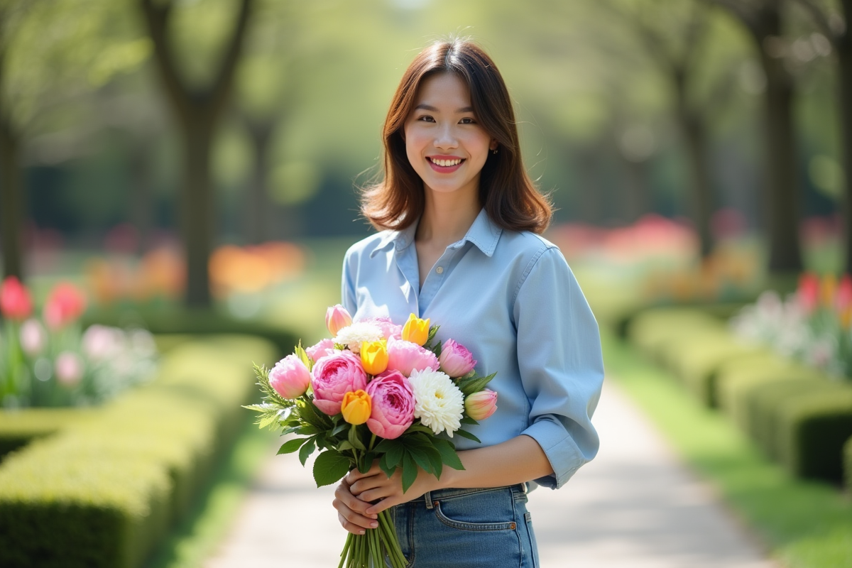 Femme souriante tenant un bouquet de fleurs dans un parc
