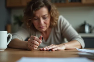 Femme inspectant un insecte sur sa main dans la cuisine