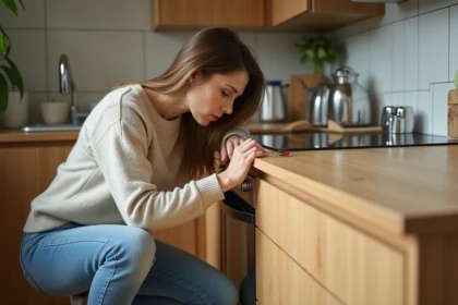 Femme inspectant un petit insecte rouge dans la cuisine