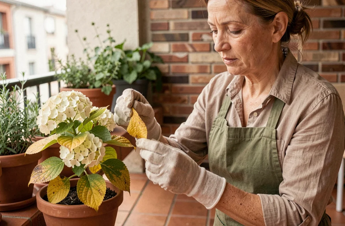 Femme inspectant les feuilles jaunes d'un hortensia en pot sur un balcon