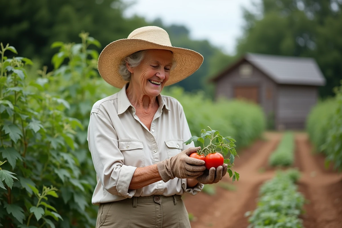Femme âgée inspectant des tomates dans un jardin communautaire