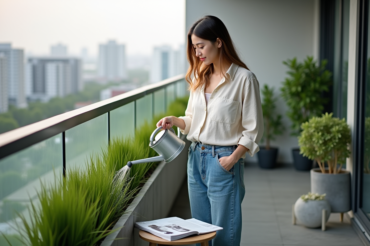 Femme arrosant un gazon artificiel sur un balcon urbain