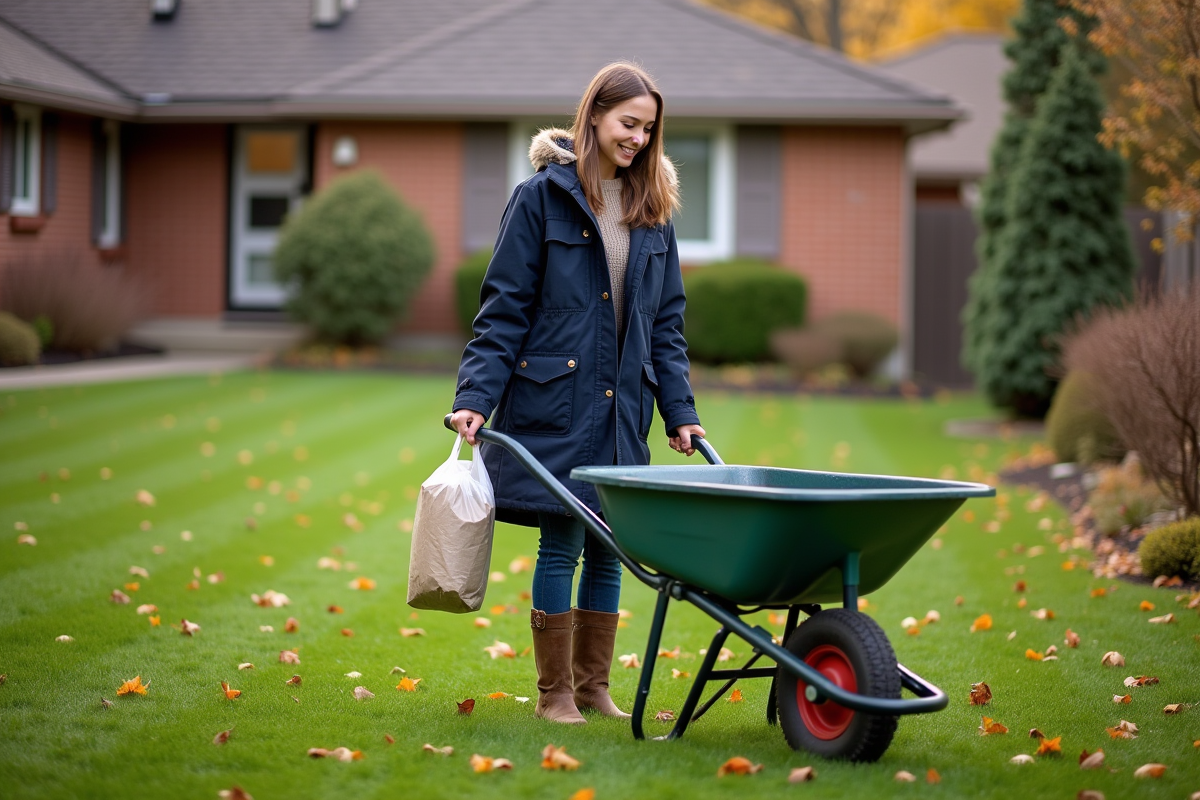 Jeune femme avec un sac de fertilisant dans un jardin d