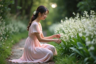 Femme en robe pastel dans un jardin de lilas de la vallée