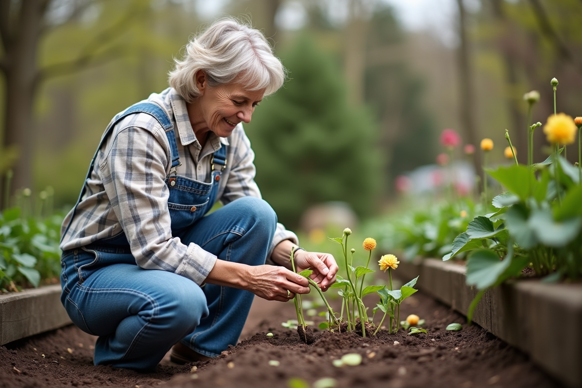 Femme en salopette inspectant des tubers de dahlia dans le jardin