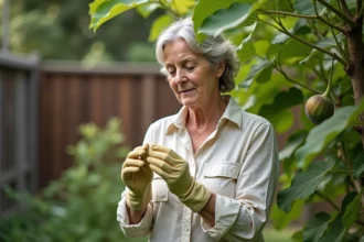 Femme examinant une feuille de figuier avec taches brunes dans le jardin
