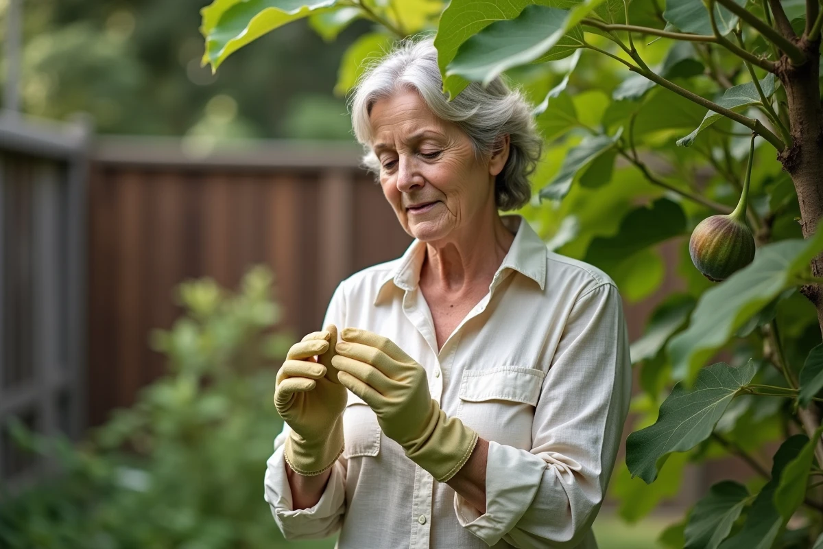 Femme examinant une feuille de figuier avec taches brunes dans le jardin