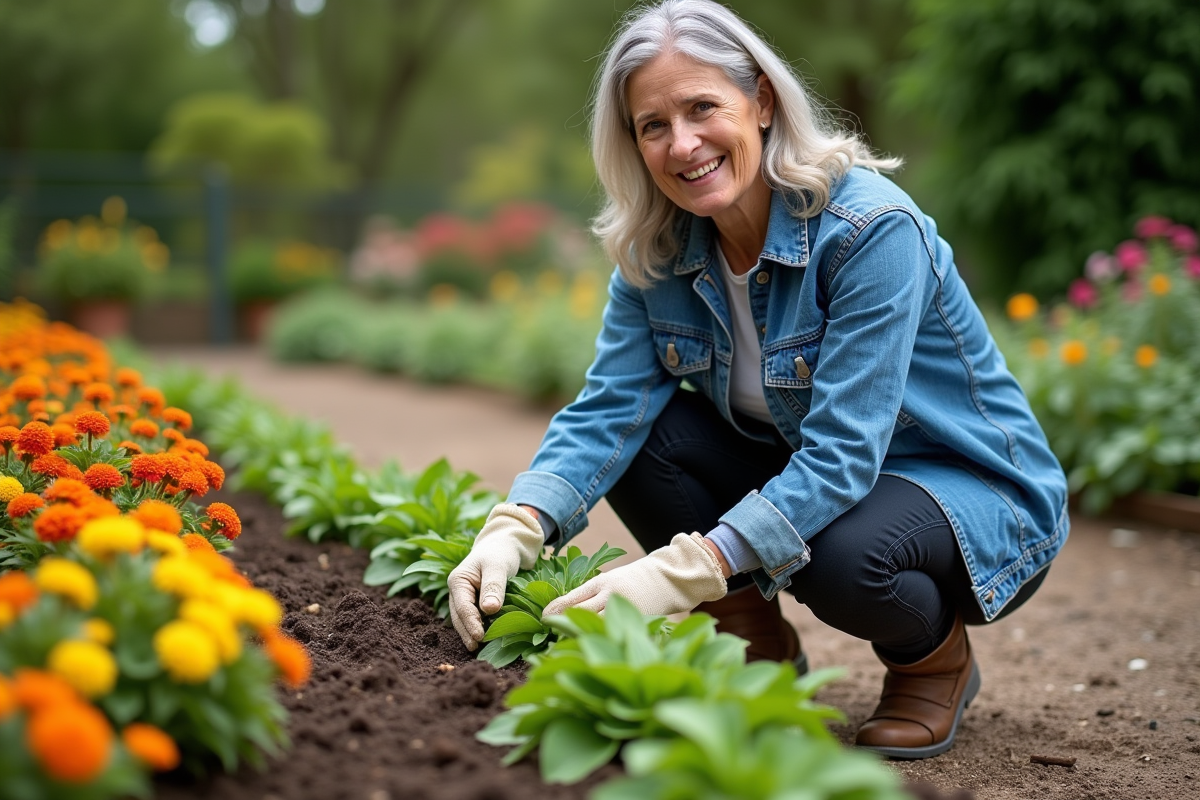 Femme en denim plantant des jeunes pousses dans un jardin coloré