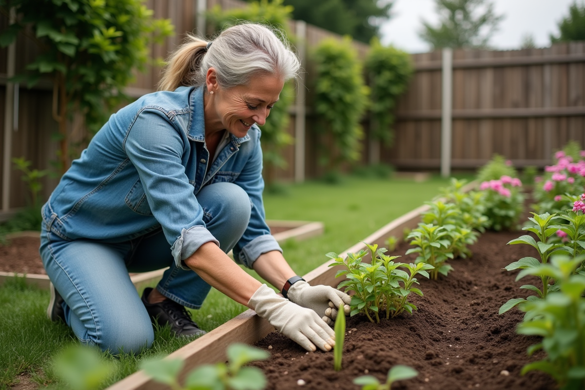 Femme en jardinage avec fleurs dans un jardin serein