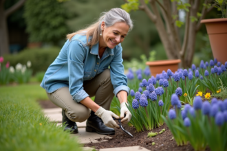 Femme en jardinage avec hyacinthes dans un jardin