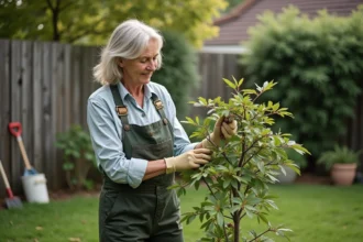 Femme inspectant branches de mimosa dans son jardin