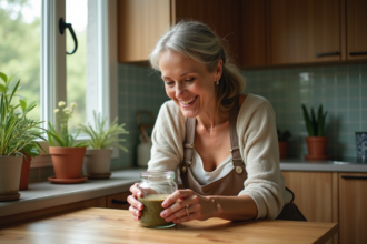 Femme en cuisine mélangeant des ingrédients naturels pour stimulateur racines