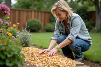 Femme d'âge moyen en jardinage posant près des fleurs