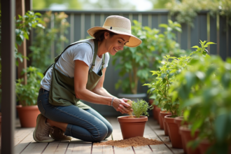 Femme jardinant avec un chapeau et fertilisant des tomates