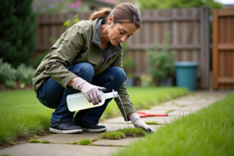 Femme en extérieur versant du vinaigre sur la mousse entre pavés
