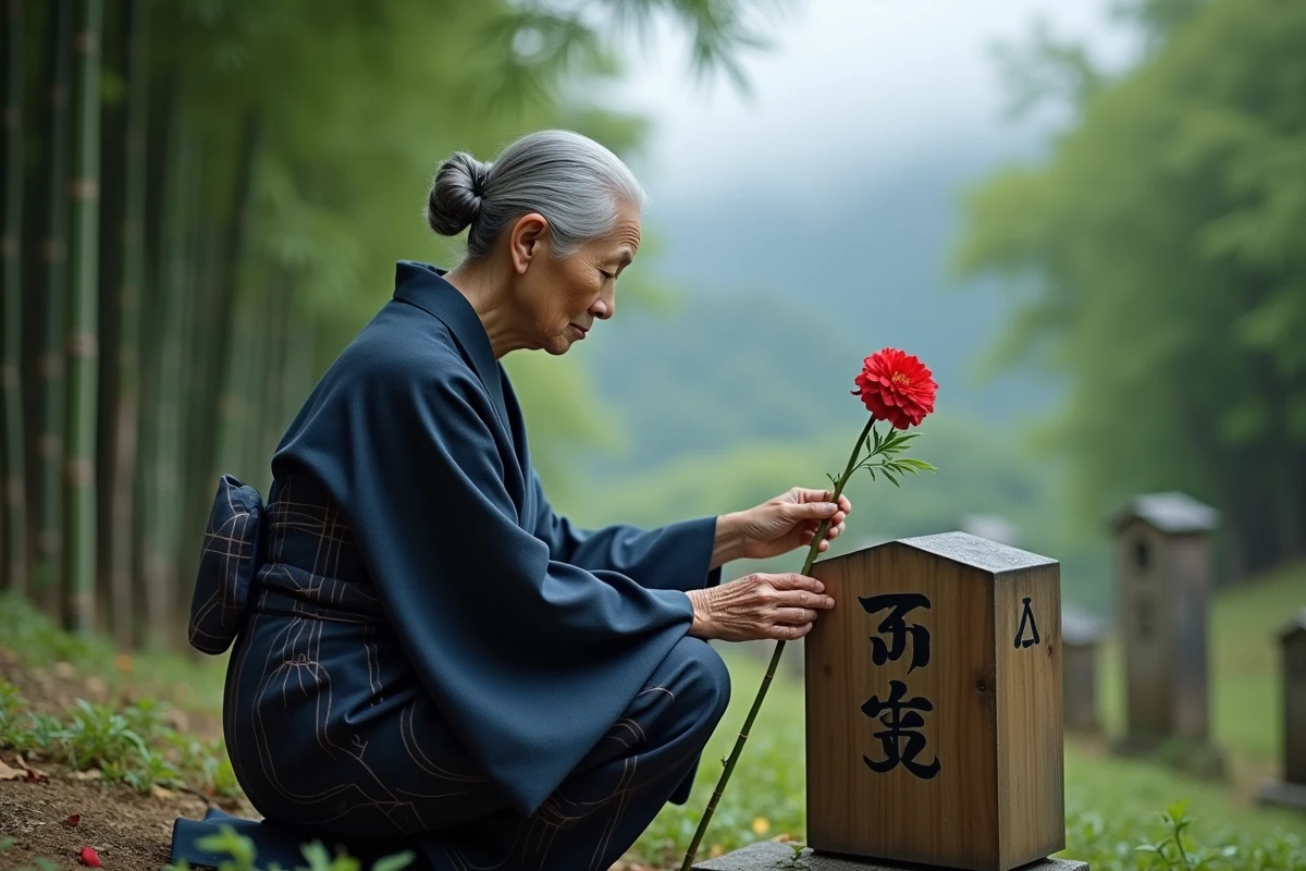 Femme japonaise âgée en kimono indigo déposant une fleur de lycoris radiata rouge devant une stèle funéraire en bois dans un cimetière rural entouré de bambous
