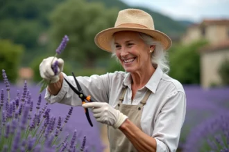Femme âgée récoltant de la lavande dans un jardin provençal