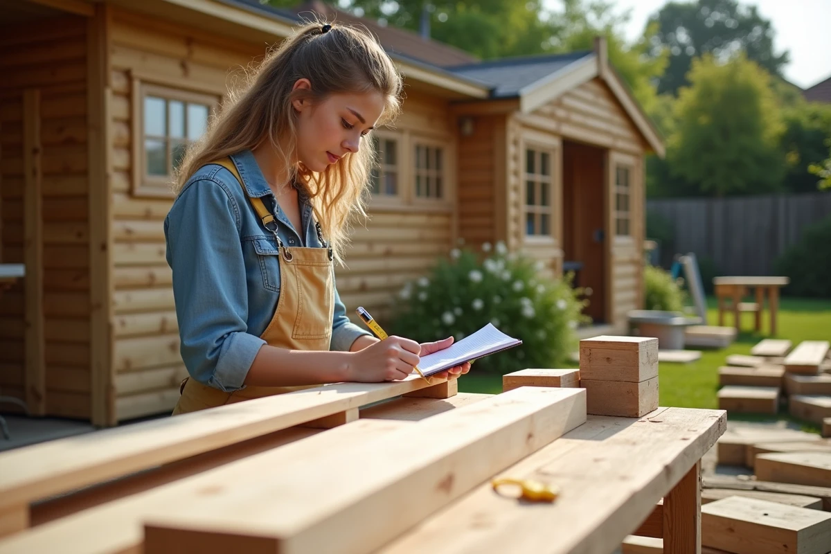 Jeune femme mesure des poutres en bois sur une table de travail