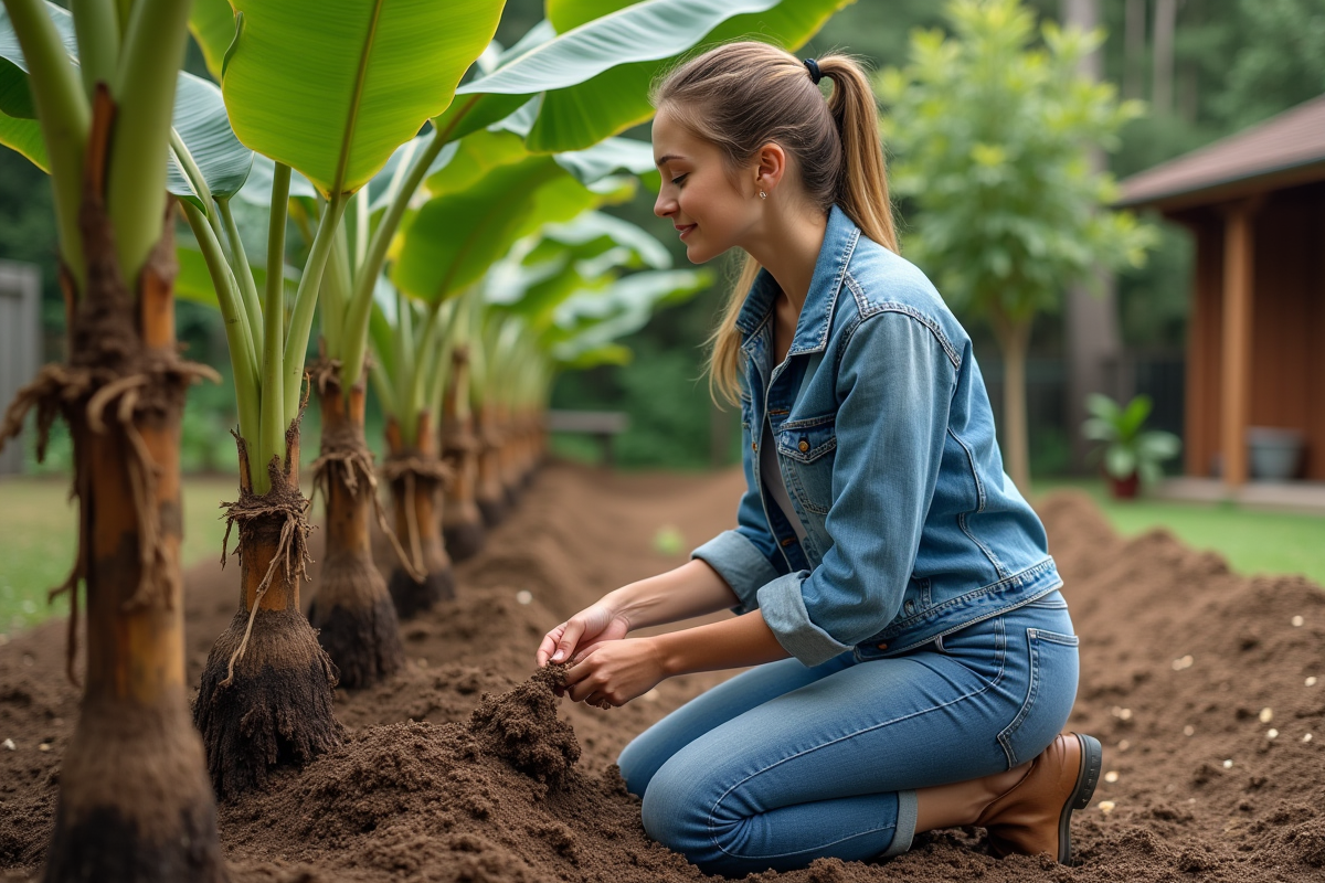Jeune femme appliquant du paillis autour des bananiers dans le jardin
