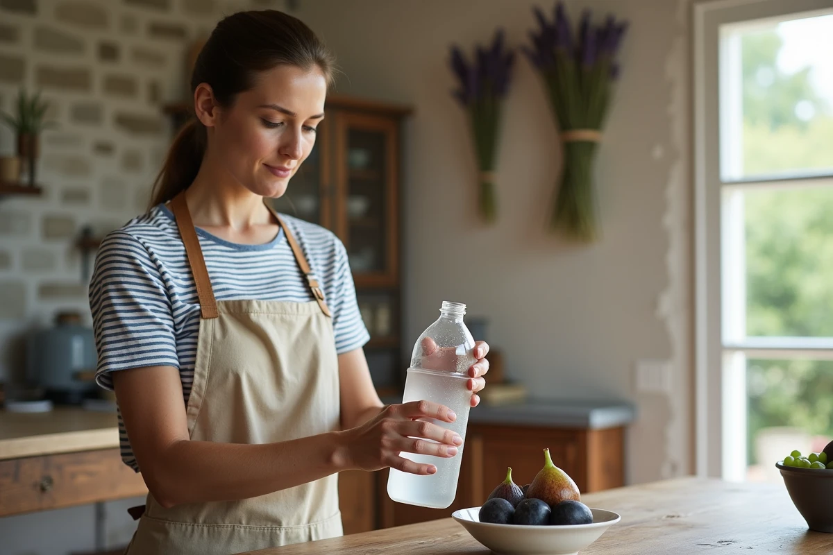 Femme installant un piège artisanal anti-moucherons à côté d'un bol de fruits mûrs sur une table en bois dans une maison provençale