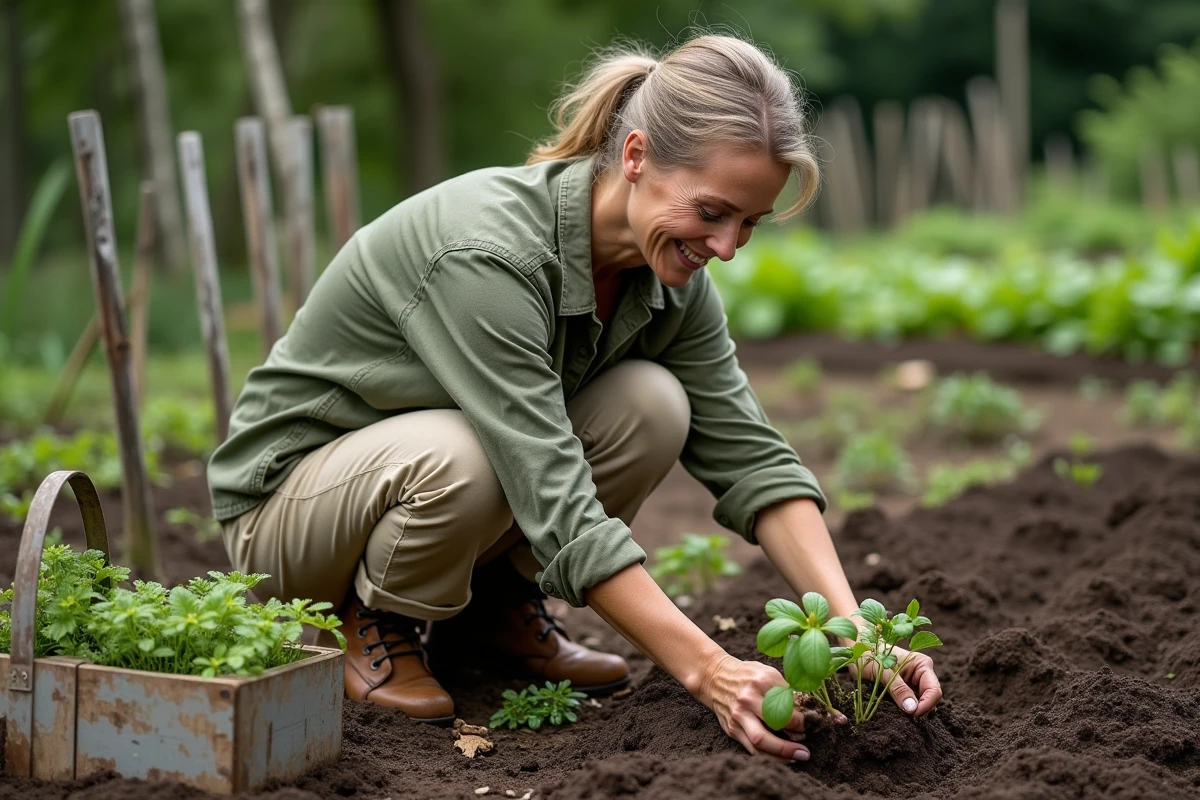 Femme en train de planter des semis dans un carré potager d'un jardin communautaire urbain
