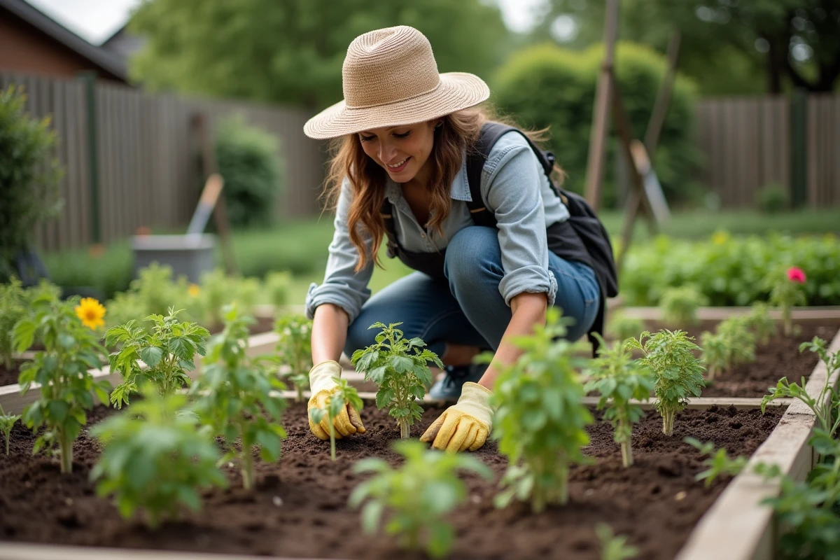 Femme plantant des tomates dans le jardin