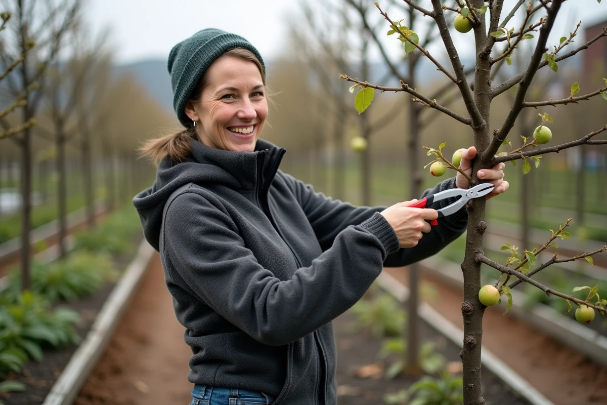 Femme souriante inspectant un jeune pommier dans un jardin