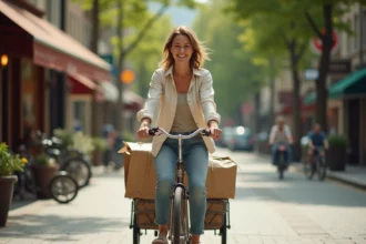 Jeune femme en vélo poussepousse en ville écologique
