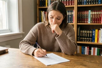 Jeune femme réfléchissant à une fleur en U pour compléter un quiz, stylo à la main devant une feuille de questions