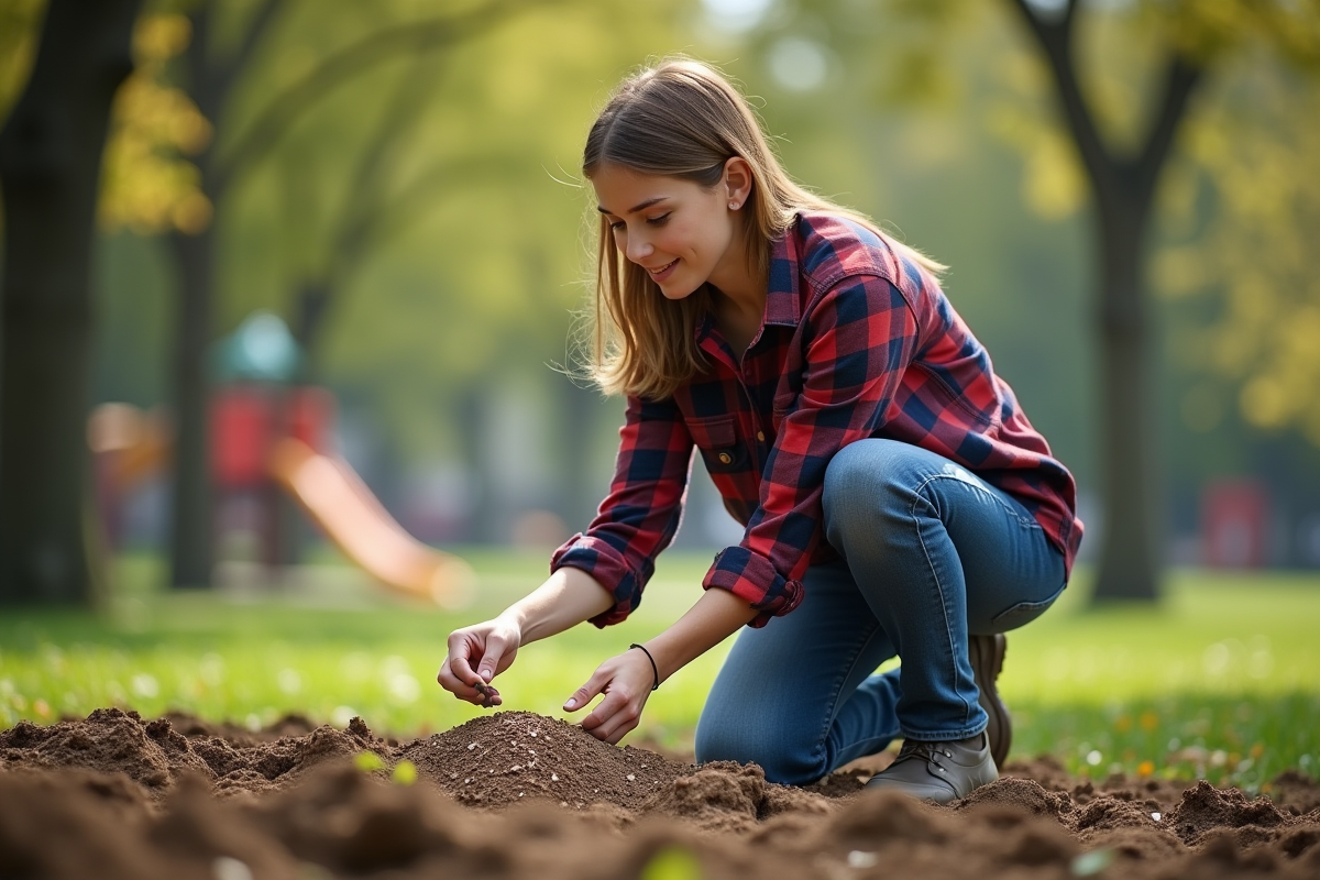 Jeune femme en jeans répand des graines dans un parc