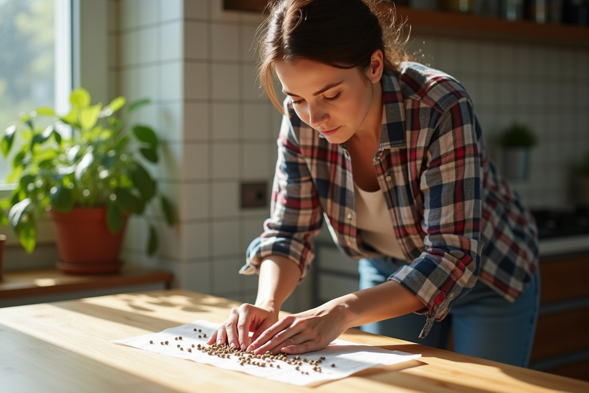 Femme plantant des graines dans une cuisine lumineuse