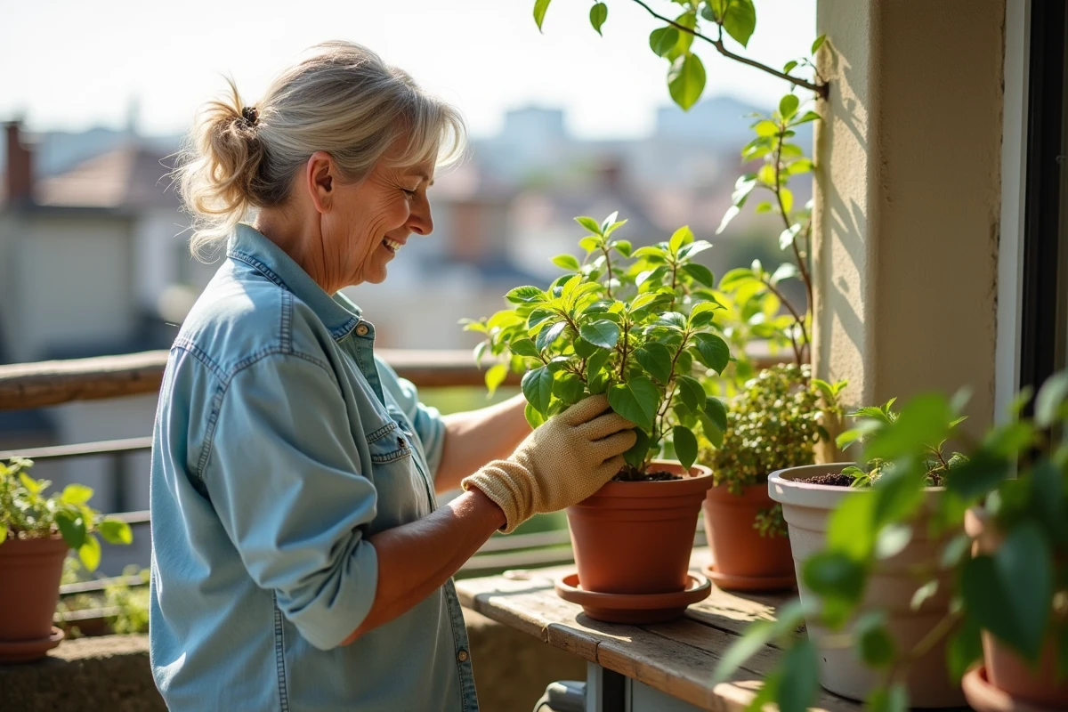Femme taillant une bougainvillée sur un balcon urbain