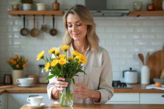 Femme d'âge moyen coupant des fleurs fraîches dans une cuisine lumineuse