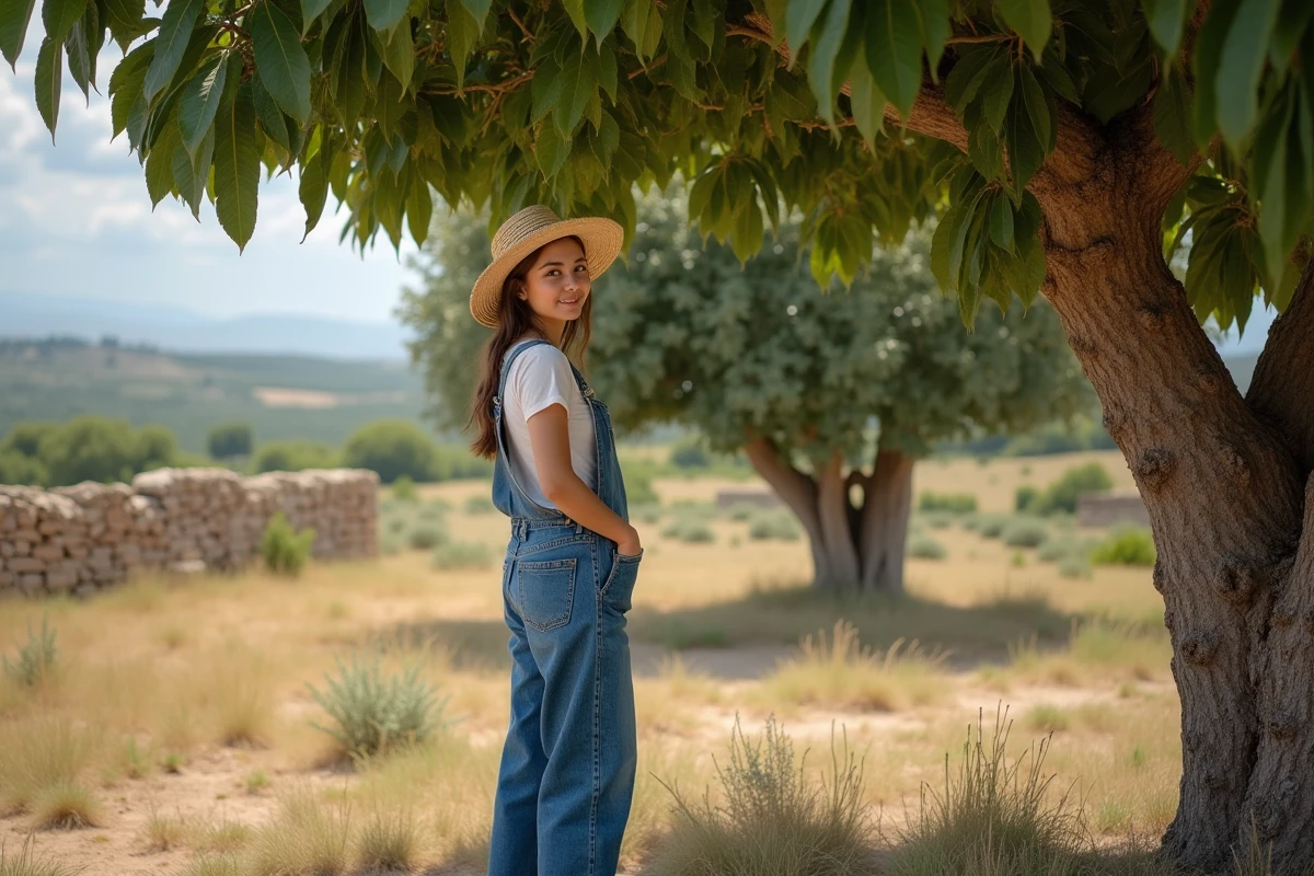 Jeune femme inspectant un grand figuier dans un paysage rural