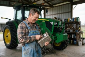 Fermeur inspectant une batterie de tracteur moderne
