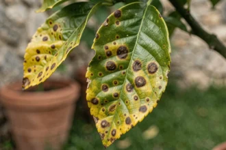 Gros plan sur des feuilles de citronnier présentant des tâches marron et des lésions nécrotiques caractéristiques d'une maladie fongique