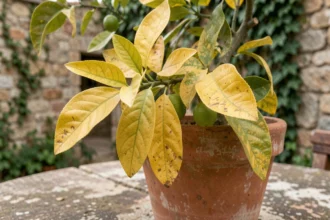 Feuilles jaunes d'un citronnier bio en pot avec des citrons verts, sur une table en pierre dans un jardin méditerranéen