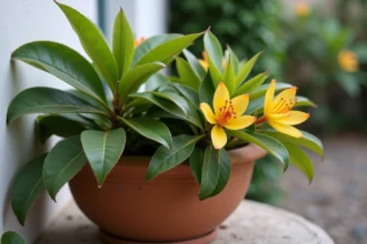 Feuilles jaunes de laurier rose sur un pot en terre cuite dans un jardin méditerranéen