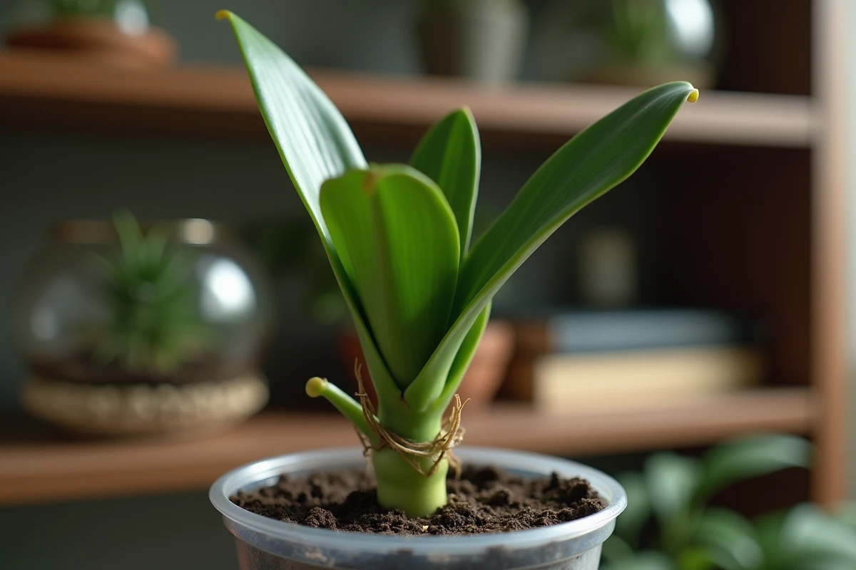 Gros plan sur les feuilles saines et les racines aériennes d'une orchidée taillée posée sur une étagère en bois