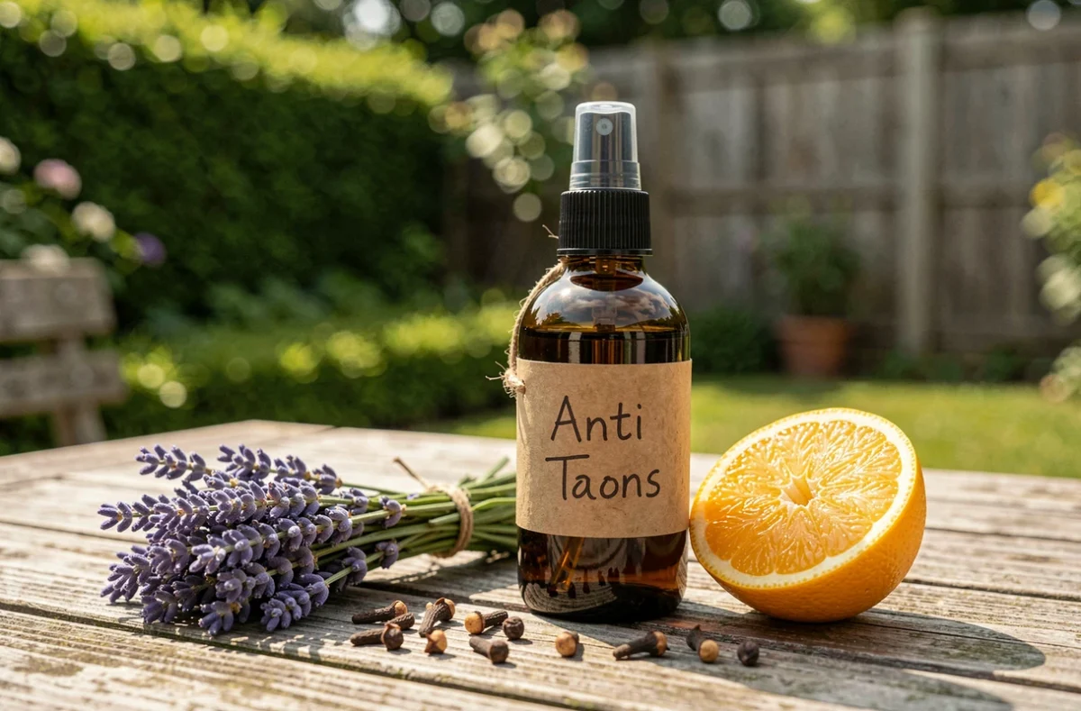 Flacon spray de répulsif taon artisanal posé sur une table de jardin en bois entouré de lavande, clous de girofle et agrumes