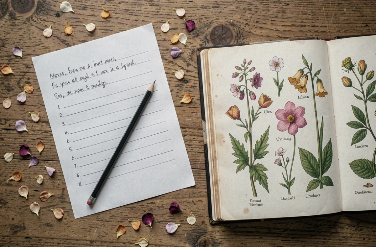Vue aérienne d'un quiz manuscrit, d'un livre botanique illustré et de pétales séchés pour identifier une fleur en U