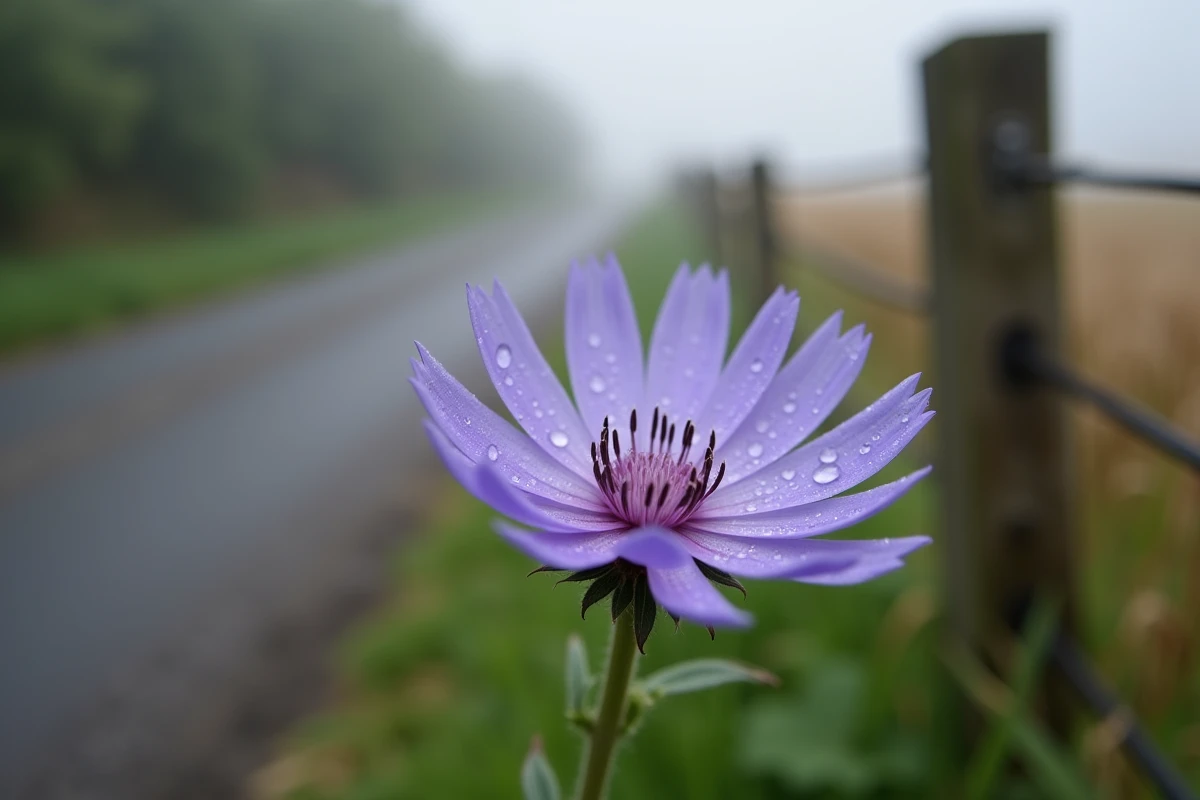 Gros plan sur une fleur de chicorée sauvage mauve au bord d'un chemin rural en France