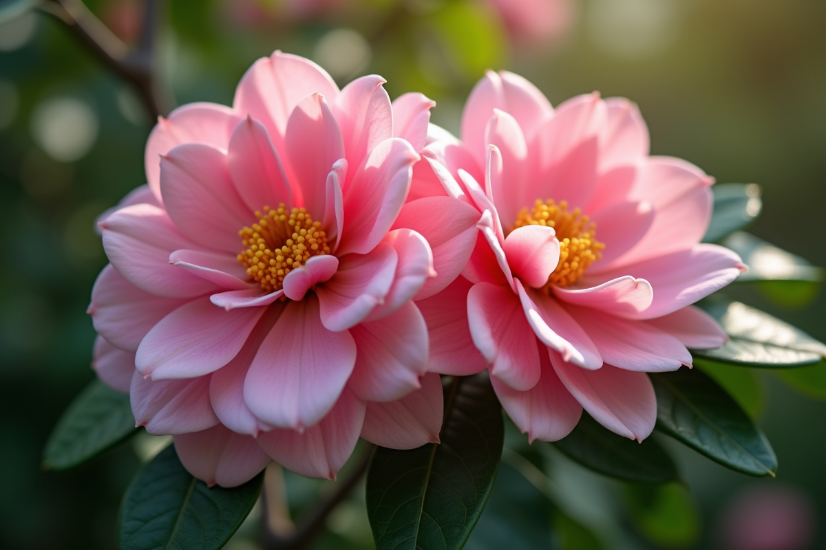 Fleurs de camellia japonica en gros plan avec feuilles vertes