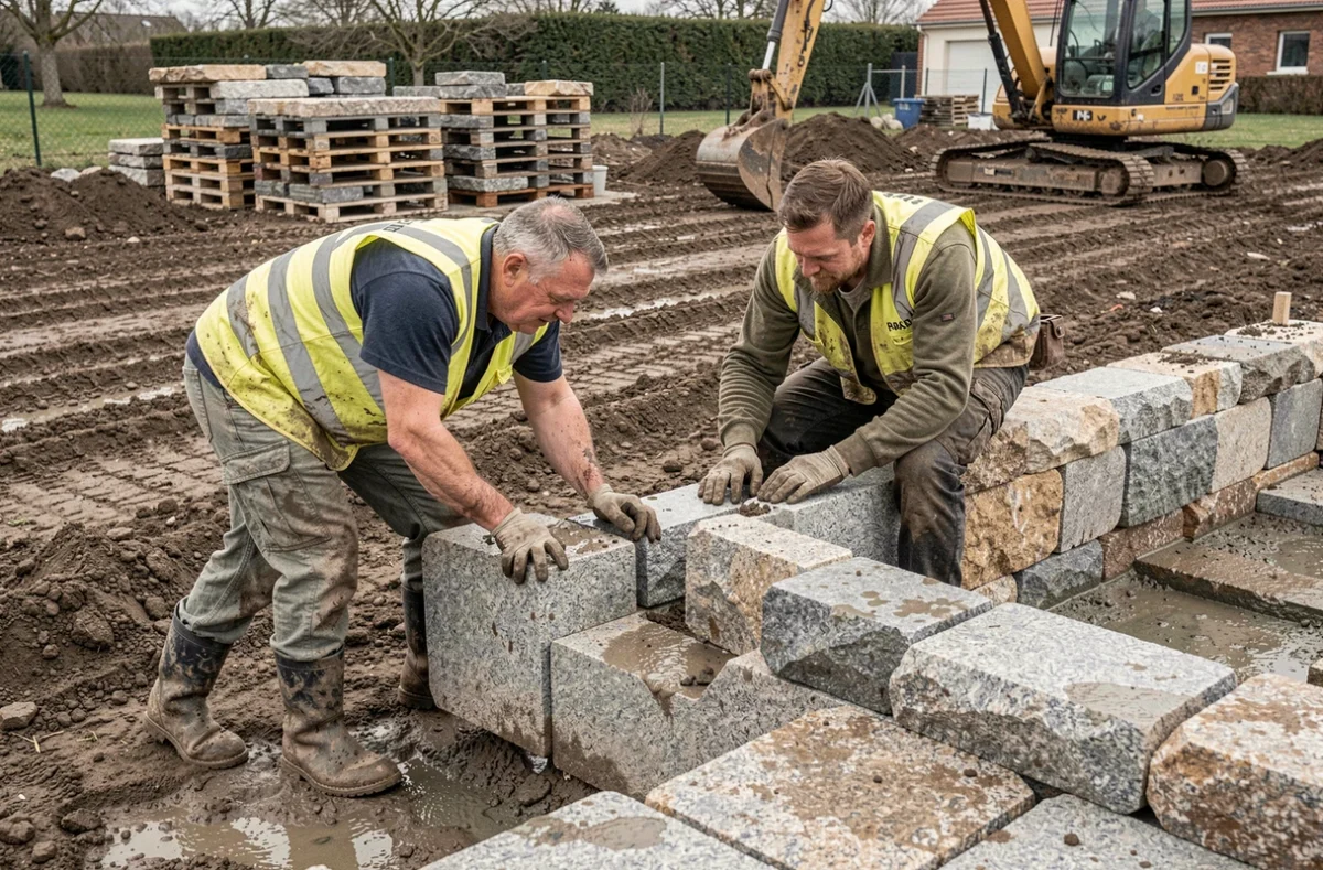 Ouvriers de Gicquiaud Paysage posant des blocs de pierre naturelle pour construire un mur de soutènement dans un jardin de Loire-Atlantique