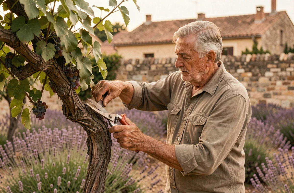 Jardinier expérimenté Giry Bernard taillant une ancienne vigne dans un jardin privé bordelais entouré de lavande et de vieux murs en pierre