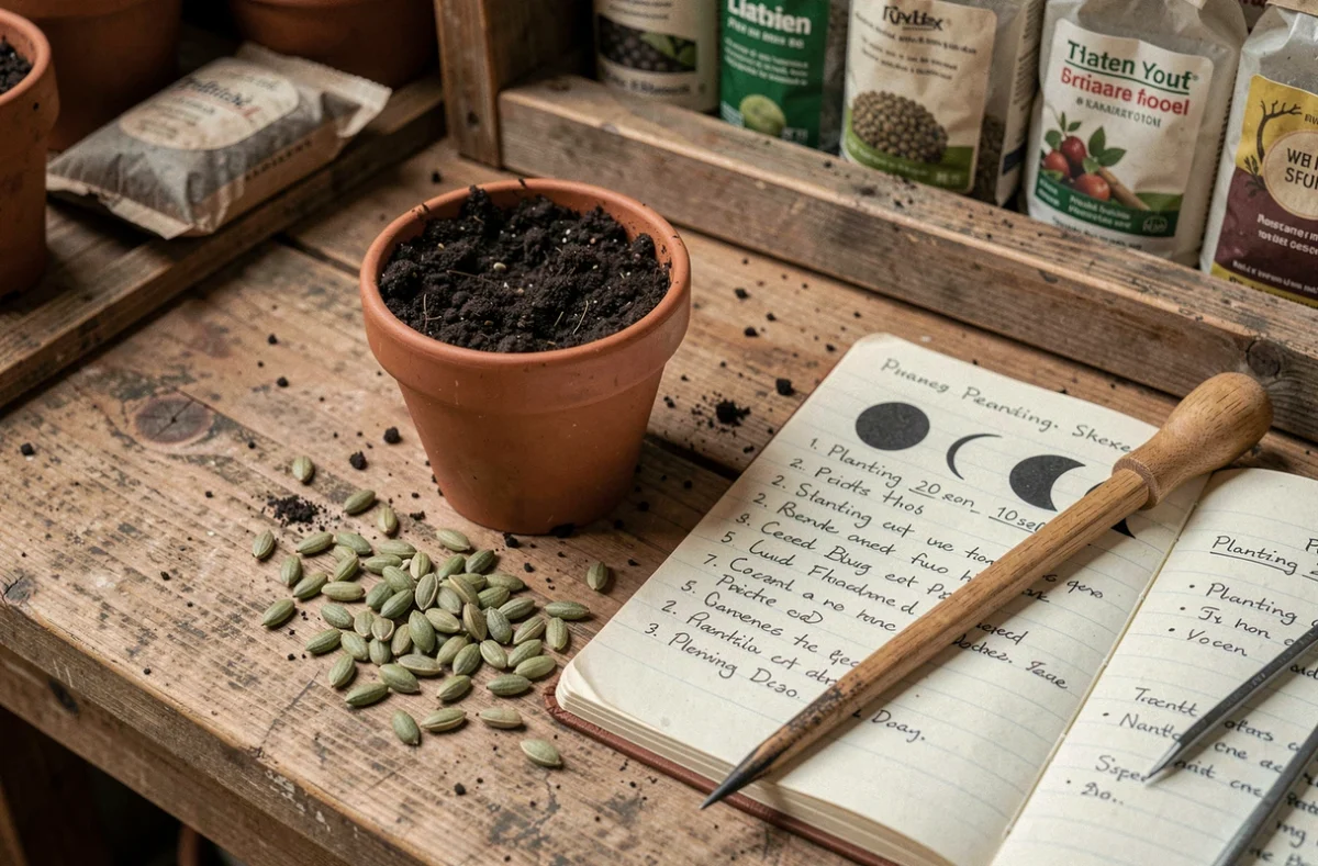 Graines de haricots verts, journal de semis et phases lunaires sur un établi de jardinage en bois