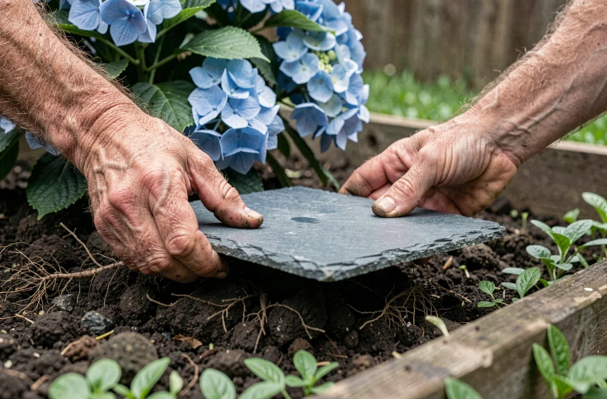 Gros plan de mains plaçant une ardoise gris-bleu autour des racines d'un hortensia